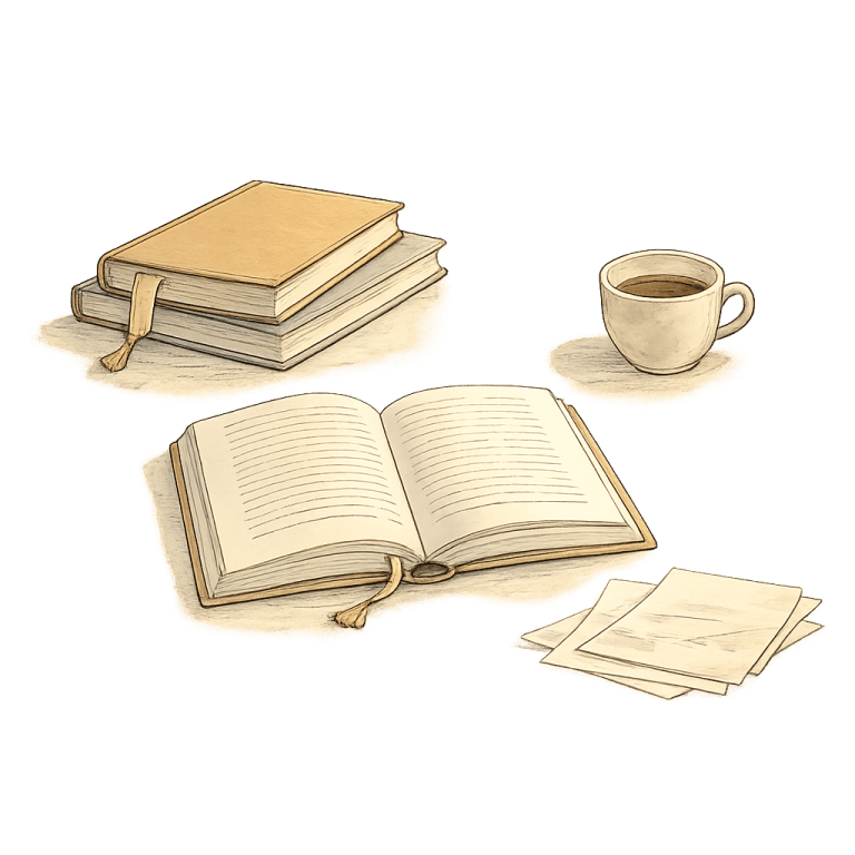 Illustration – trois livres ouverts et empilés, ambiance lecture et réflexion personnelle