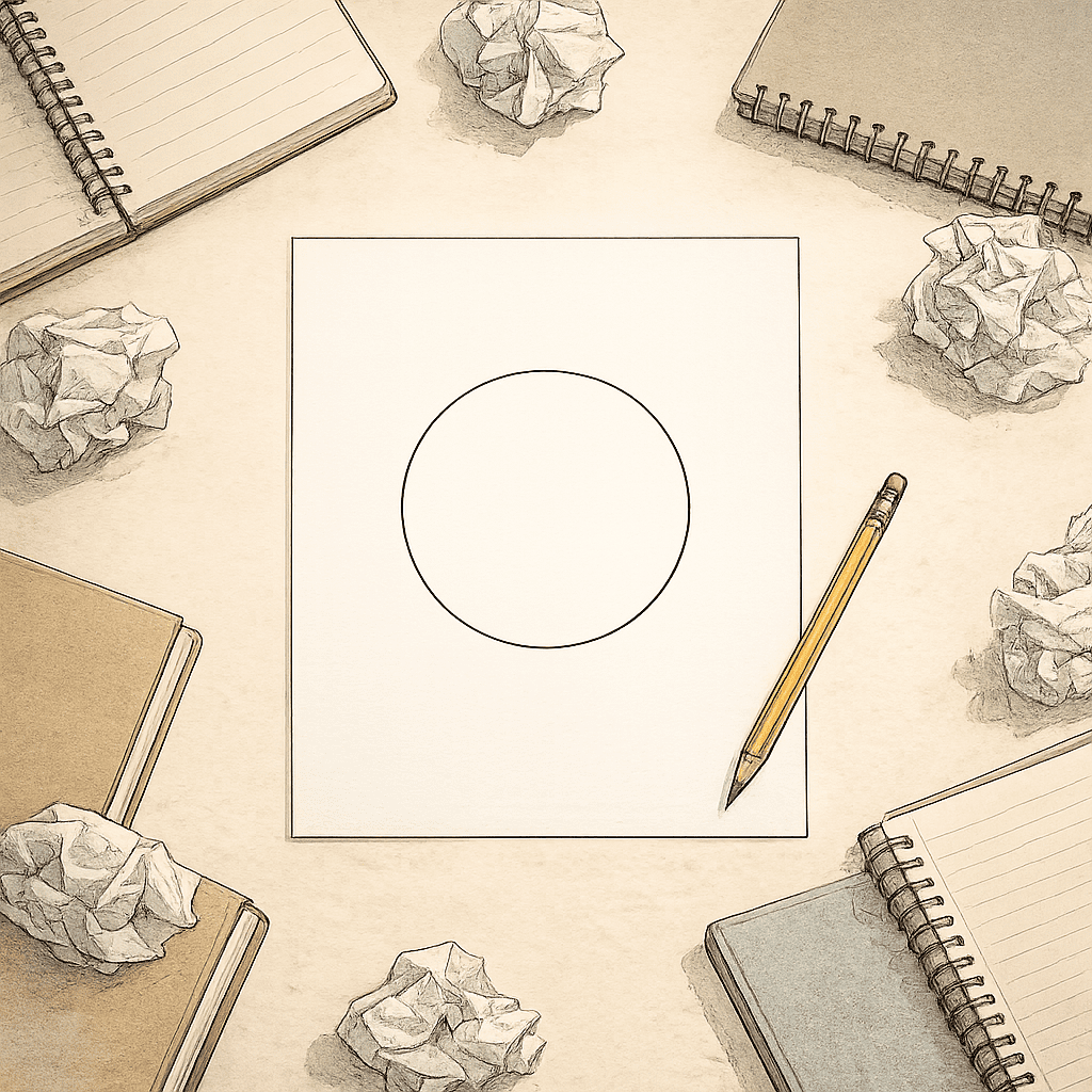 Carnets abandonnés et systèmes incomplets — un seul cercle tracé proprement émerge du désordre