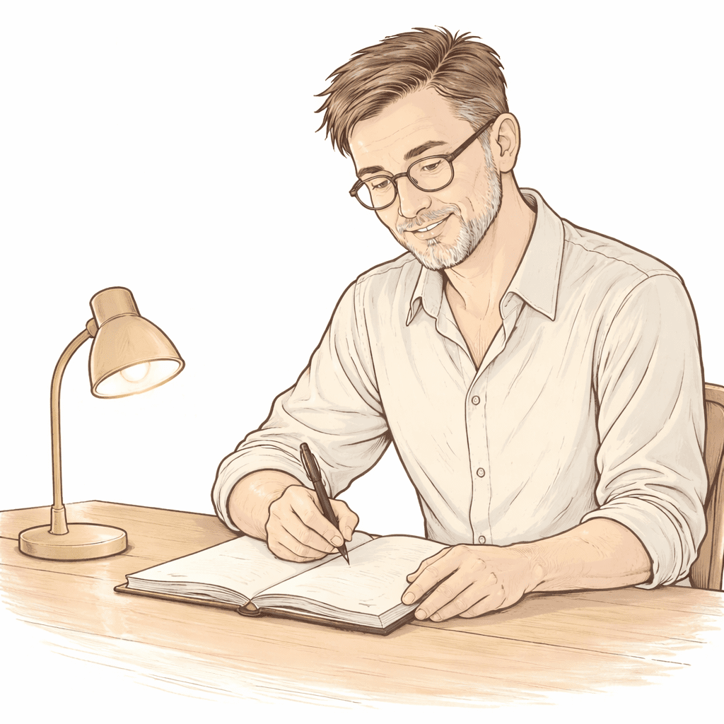 Illustration d'un homme assis à son bureau, écrivant dans un carnet à la lumière d'une lampe — symbole du partage d'expérience et de la réflexion personnelle.