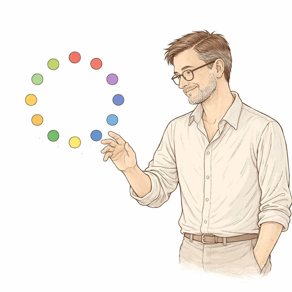 Illustration d'un homme face à un cercle de 9 sphères colorées représentant les domaines de vie — santé, cadence, évolution, liens, mission, travail, finances, cadre, loisirs.