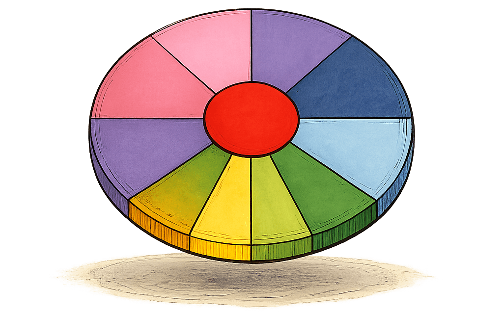Roue des 9 domaines de vie en ébauche – 8 secteurs colorés et un centre rouge symbolisant la cadence