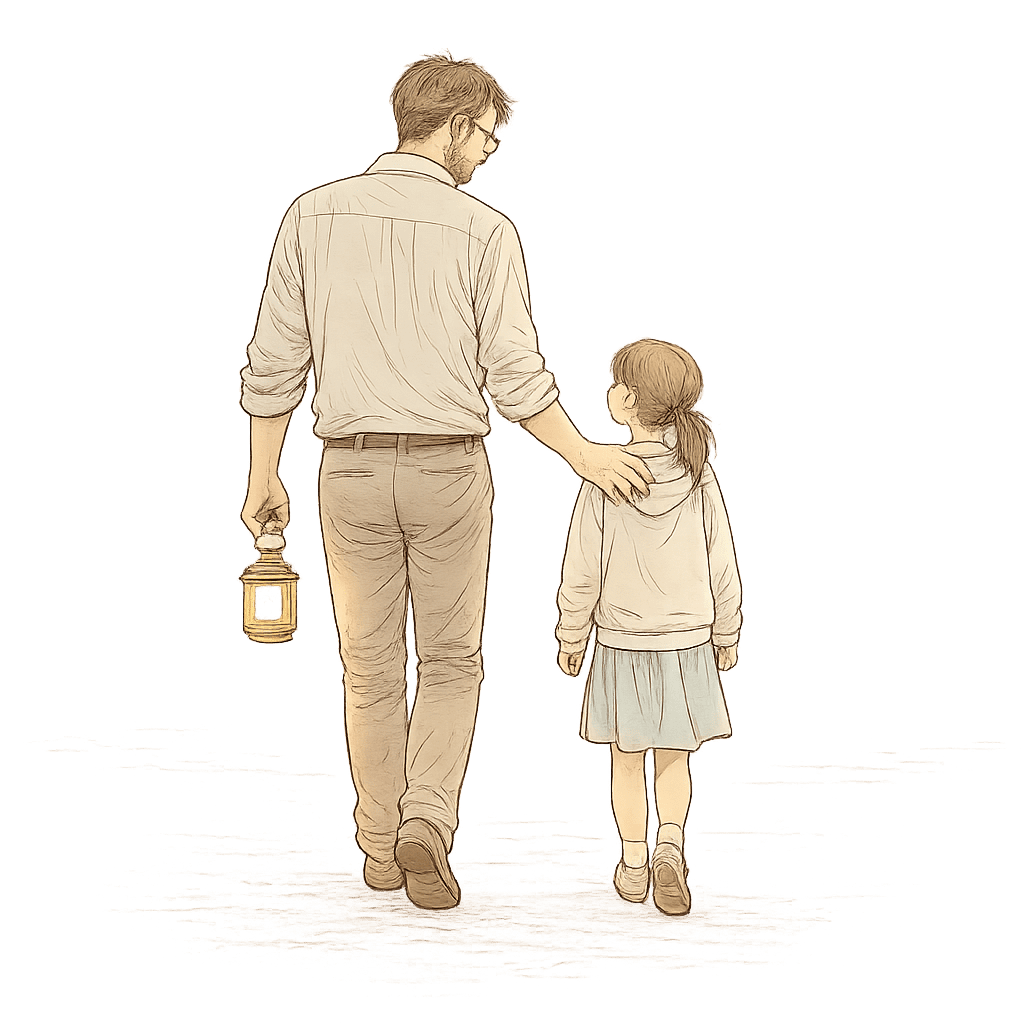 Illustration d'un père et sa fille marchant côte à côte, une lanterne à la main — symbole de transmission, de guidance et de chemin partagé vers l'équilibre.
